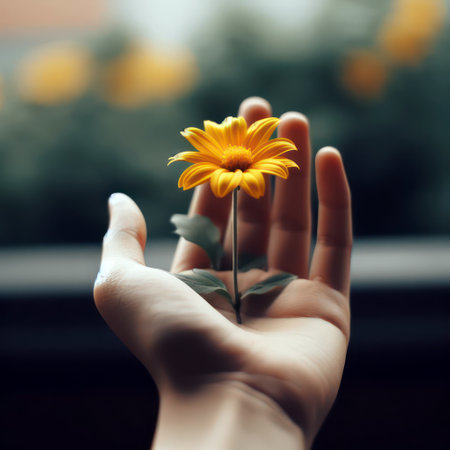 A hand holding a yellow flower extends to you.の素材