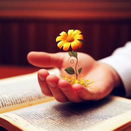 A hand holding a yellow flower extends to you.の素材