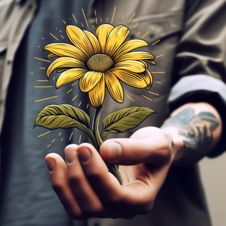 A hand holding a yellow flower extends to you.の素材