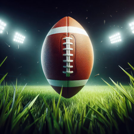 An American football ball floats above the grass in a floodlit field.の素材