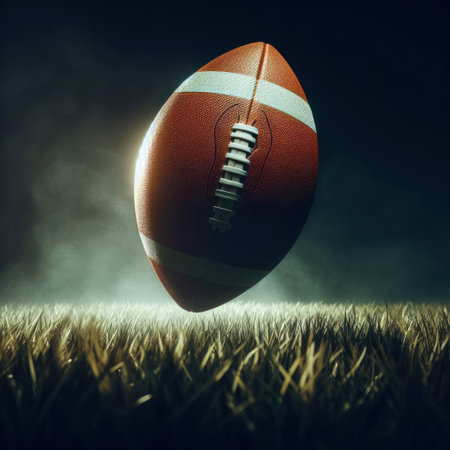 An American football ball floats above the grass in a floodlit field.の素材