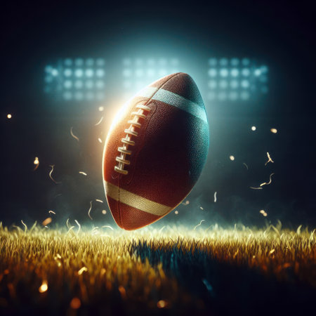 An American football ball floats above the grass in a floodlit field.の素材