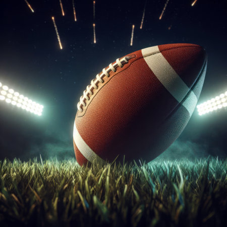 An American football ball floats above the grass in a floodlit field.の素材