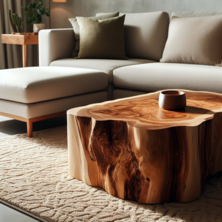 Live edge wooden accent coffee table near sofa close up. Interior design of modern living room.の素材