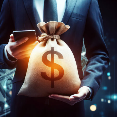 Business person holding money bag with dollar signの素材