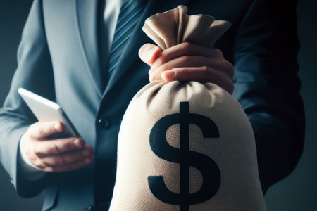 Business person holding money bag with dollar signの素材
