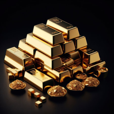 Set of gold bars , piles of gold lingots isolated on black studio backgroundの素材