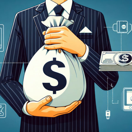 Business person holding money bag with dollar signの素材