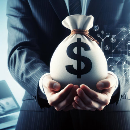 Business person holding money bag with dollar signの素材