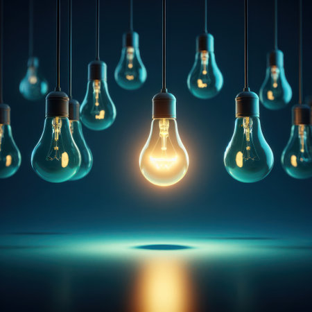 One hanging light bulb glowing different and standing out from unlit incandescent bulbs with reflection on dark cyan background , leadership and different business creative idea concept. 3D rendering.の素材