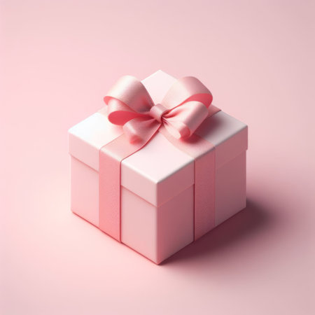 Minimal pink pastel color gift box or pink present box with pink ribbon and bow isolated over light pink background minimal conceptual 3D renderingの素材