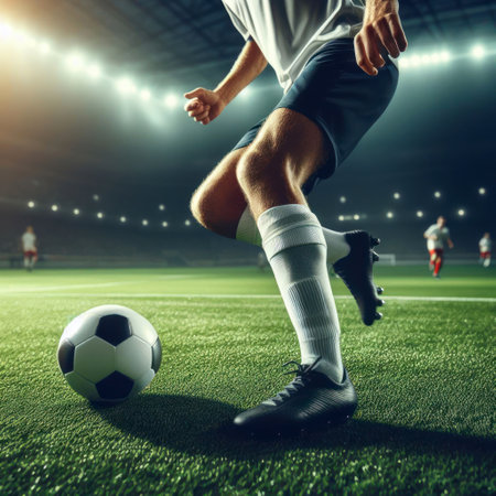 close-up photo of a professional soccer player playing football on a green grass pitch at a big stadium.の素材