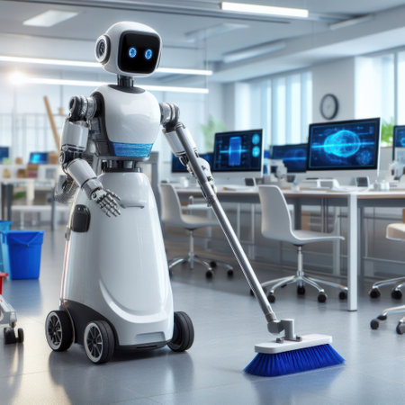 An AI robot is cleaning the office floor.の素材