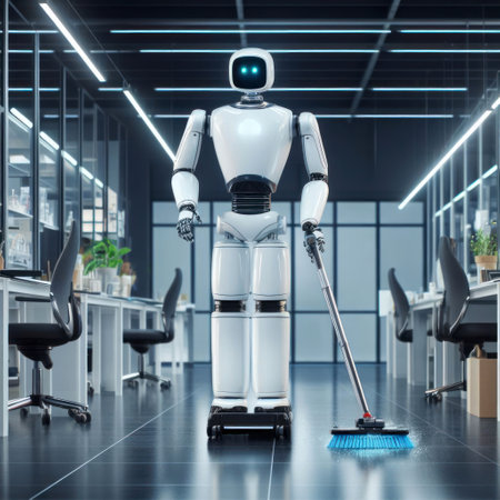 An AI robot is cleaning the office floor.の素材