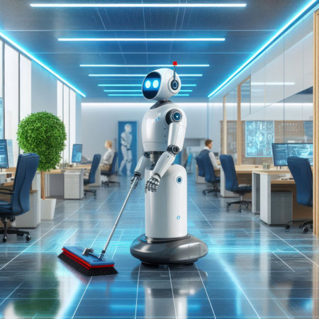 An AI robot is cleaning the office floor.の素材