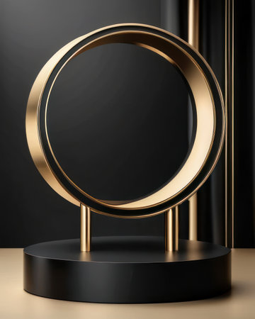 Black Luxury Gold Empty Podium Background With Presentation Product Stand Or Abstract Gold Cosmetic Display On Pedestal And Premium Modern Round Showcase On Elegant Mockup Backgroundの素材