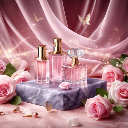 Perfume bottles are arranged on a marble pedestal decorated with roses and a pink fabric backdrop.の素材