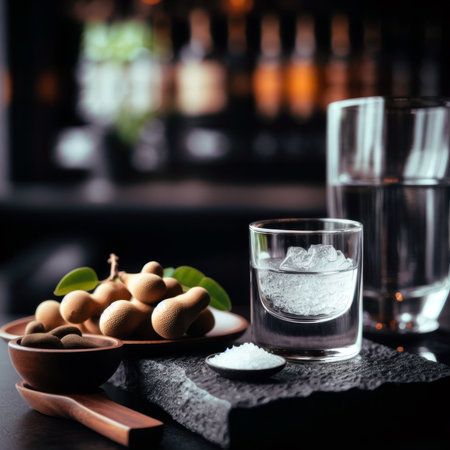 Thai welcome drink concept, a glass of drink with young tamarind and salt inside the bar.の素材