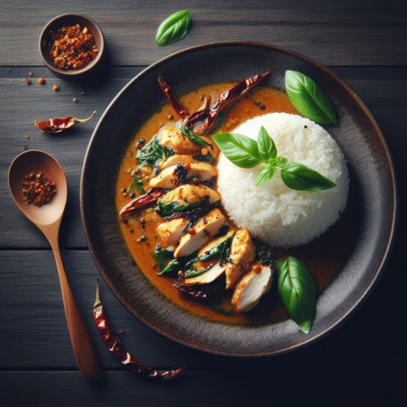 Thai food concept ready to serve, chicken basil served over steamed rice, garnished with dried chilies and basil leaves.の素材