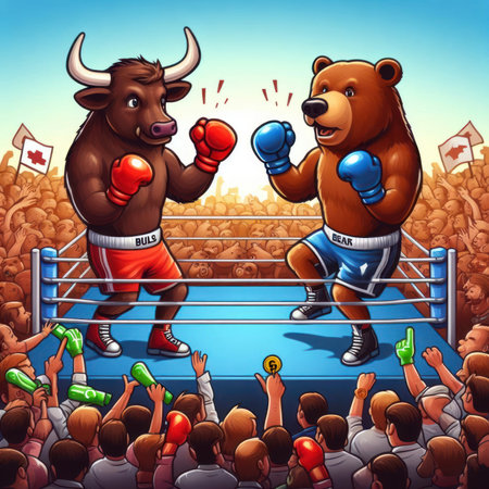 Digital coin concept illustration, bull and bear fighting in the ring.の素材