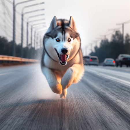 Siberian Husky Leaving the house, it ran at speed.の素材