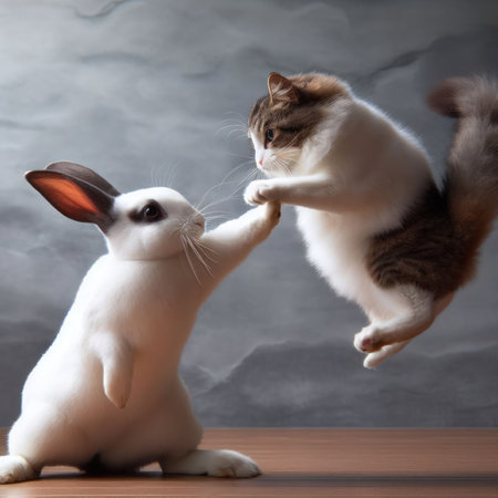 A little bunny and a cat fight with kung fu moves.の素材