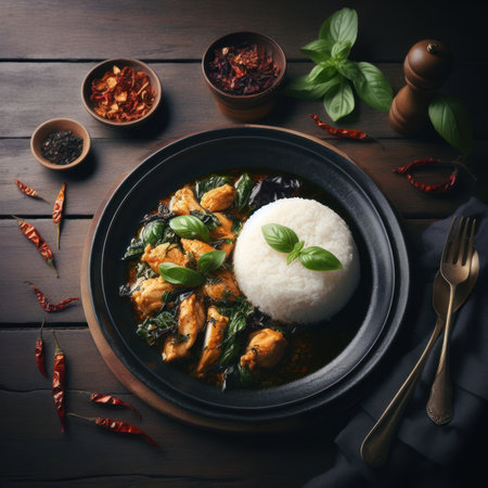 Thai food concept ready to serve, chicken basil served over steamed rice, garnished with dried chilies and basil leaves.の素材