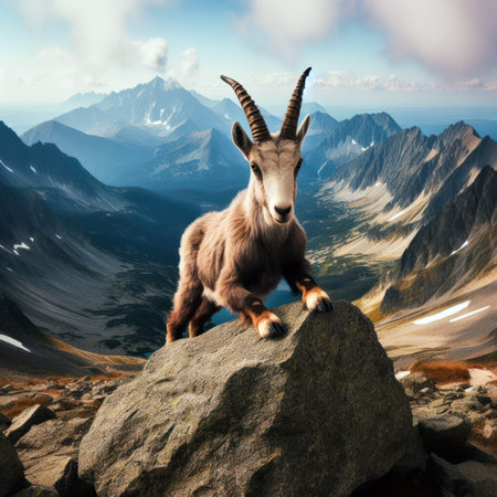 A mountain goat stands tall on a rock. Against the backdrop of beautiful mountain scenery.の素材