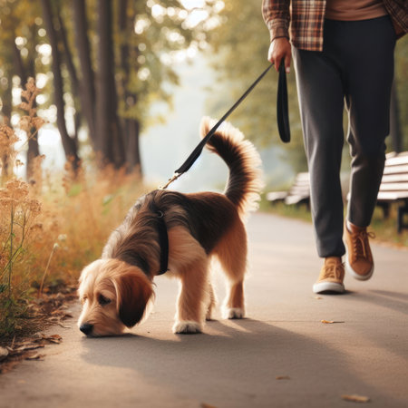 A dog walking along the path with his owner in the morningの素材