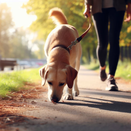 A dog walking along the path with his owner in the morningの素材