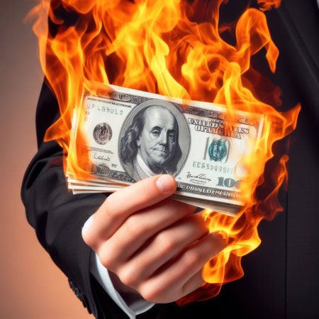 Burning dollar bill in businessman's hand with copyspace, investment risk concept with usd moneyの素材