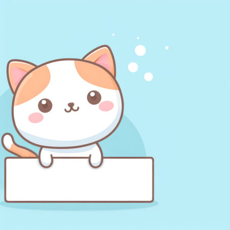 Cute little kitten looking upwards against a blue background and space for text.の素材