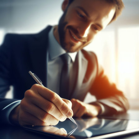 Hands of a businessman signing some documents, transaction concept through handwriting, identification through signatureの素材