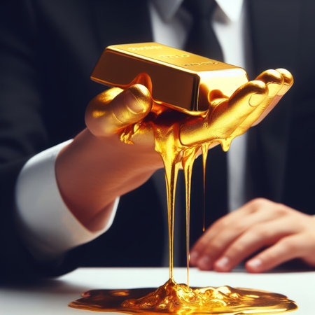 Melting gold bars in the hands of a businessman, gold investment risk concept, falling market value of gold barsの素材