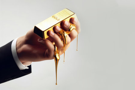 Melting gold bars in the hands of a businessman, gold investment risk concept, falling market value of gold barsの素材