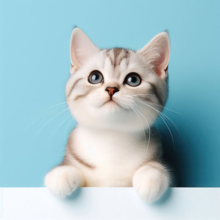 Cute little kitten looking upwards against a blue background and space for text.の素材