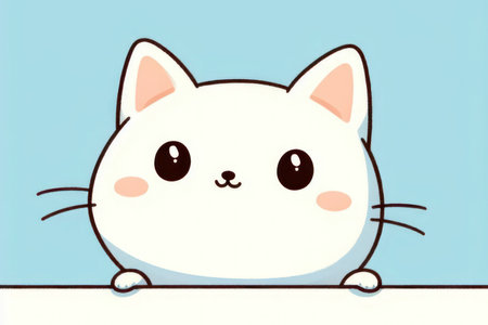 Cute little kitten looking upwards against a blue background and space for text.の素材
