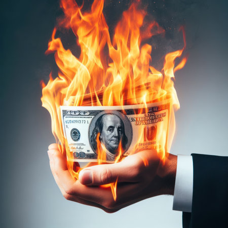 Burning dollar bill in businessman's hand with copyspace, investment risk concept with usd moneyの素材