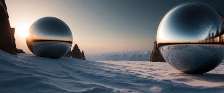 A large orb on a vast ice field with an unimaginable reflection of the sun's light.の素材