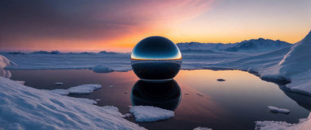 A large orb on a vast ice field with an unimaginable reflection of the sun's light.の素材