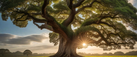 Big tree in the morning in the middle of the meadowの素材