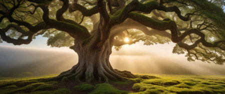 Big tree in the morning in the middle of the meadowの素材