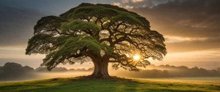 Big tree in the morning in the middle of the meadowの素材