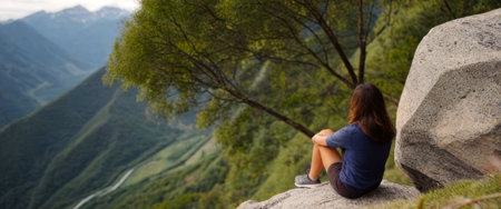 The back of a female hiker standing on the cliff's edge admiring the view.の素材