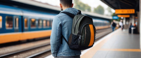Male tourist waiting for train at train stationの素材