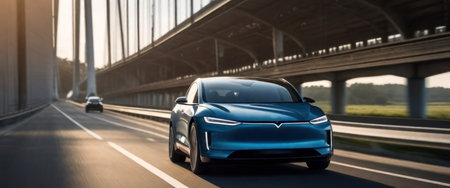 An electric-powered car drives along at speed amid a mountain and mist scenery.の素材