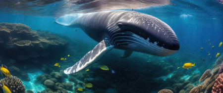 Whales are swimming underwater with beautiful colorful corals.の素材
