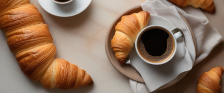Morning coffee and croissants on a wooden tableの素材