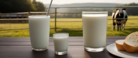 Glass of fresh milk ready to drink on a wooden table With the backdrop of an outdoor dairy cow farmの素材