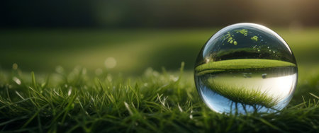 Clear crystal ball on the green fieldの素材